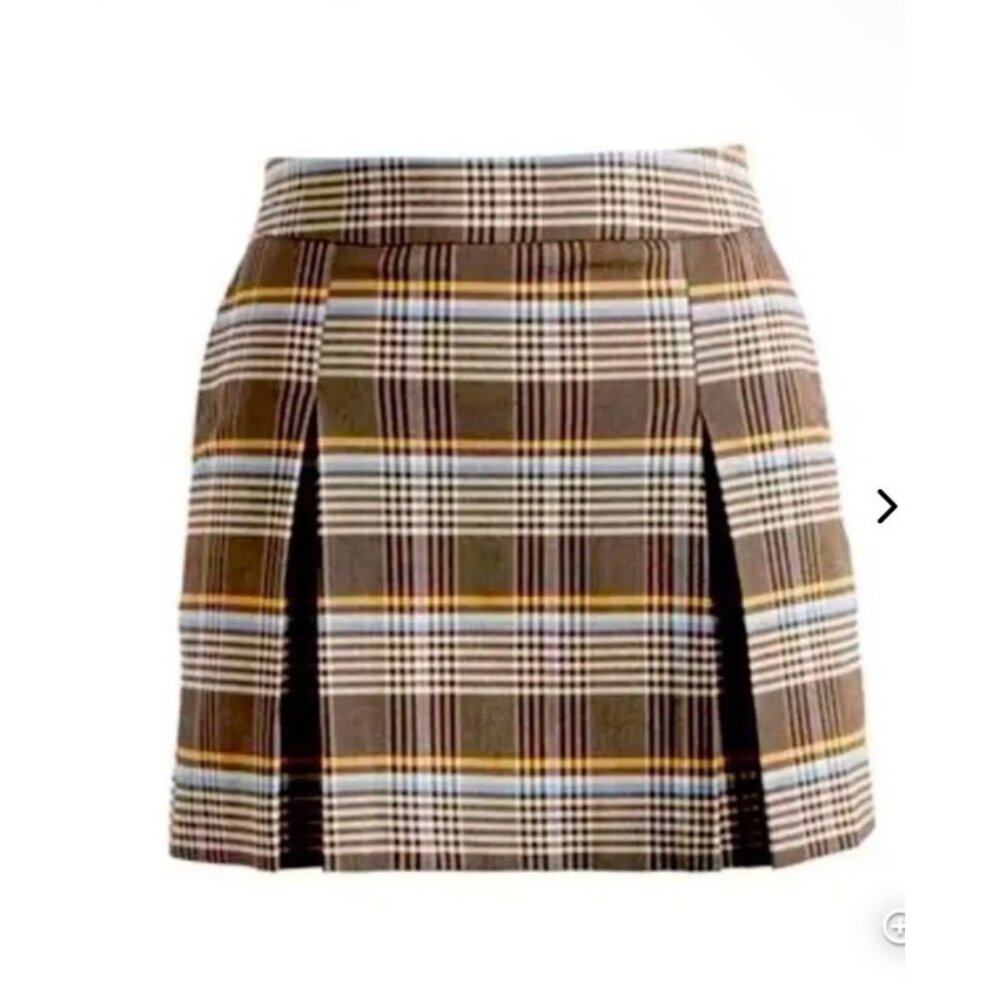 Topshop Plaid Miniskirt Size 12 Box Pleats Brown Cream NWT